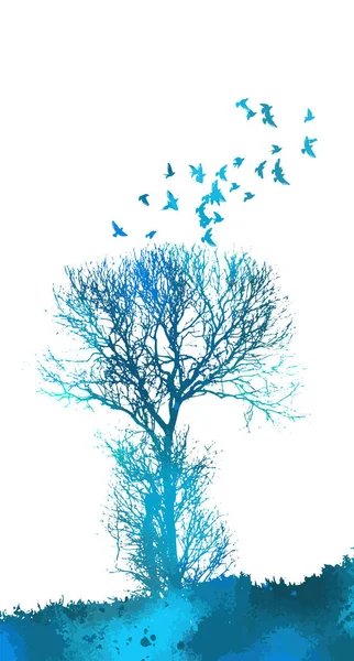 Blauw silhouet van een boom zonder bladeren met vliegende vogels. Vectorillustratie — Stockvector