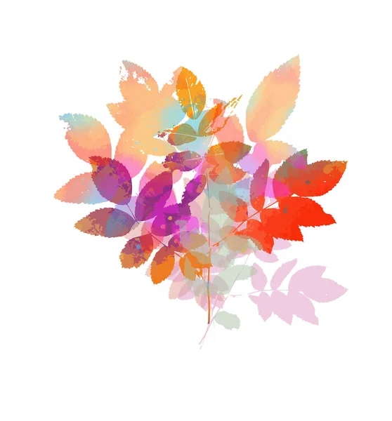 El objeto es una elegante ramita multicolor con hojas. Ramo de hojas de arco iris. Medios mixtos. Ilustración vectorial — Vector de stock
