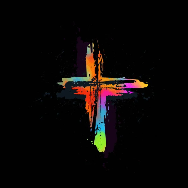 Croce multicolore. Croce fatta di macchie di arcobaleno. Buona Pasqua. Illustrazione vettoriale — Vettoriale Stock