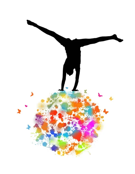 Silueta abstracción chica gimnastas en bola multicolor. Mariposas arco iris. Ilustración vectorial — Vector de stock