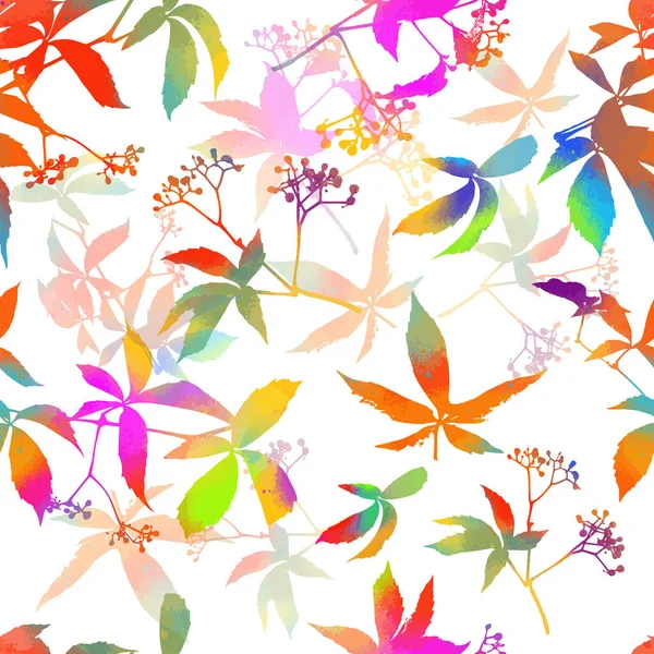 Fondo sin costuras hojas de uva multicolor. Huella de arco iris. Medios mixtos. Ilustración vectorial — Archivo Imágenes Vectoriales