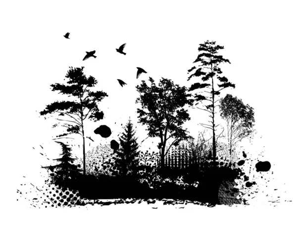 Naturaleza abstracta. Árboles y pájaros. Protección del medio ambiente. Ilustración vectorial — Vector de stock