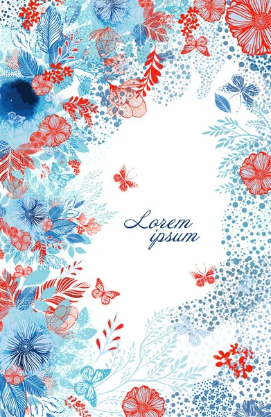 Délicat fond bleu aquarelle avec des feuilles et des brindilles. Avec des fleurs rouges et des papillons. Illustration vectorielle — Image vectorielle