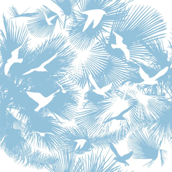 Бесшовные фоновые пальмовые листья с летающими чайками. векторная иллюстрация — стоковый вектор