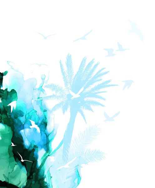 Akvarell bakgrund med hav, palmer och måsar. Vektorillustration — Stock vektor