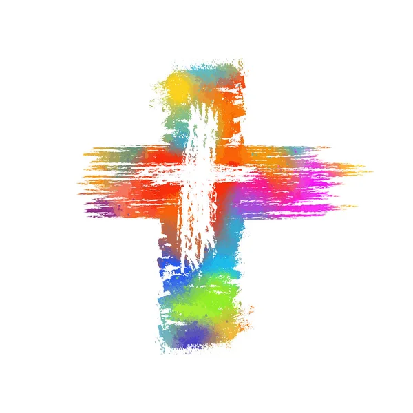 Cruz multicolor. Cruz hecha de manchas de arco iris. Feliz Pascua. Ilustración vectorial — Vector de stock