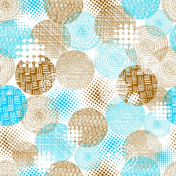 Nahtloser Hintergrund aus Kreisen mit Schraffur. Abstrakter bunter Hintergrund. blau und braun. Druck auf Stoff. Vektorillustration — Stockvektor