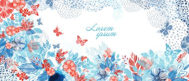 Yaprakları ve dalları olan narin mavi suluboya arka plan. Kırmızı çiçekler ve kelebeklerle. Yatay çerçeve. Vektör illüstrasyonu
