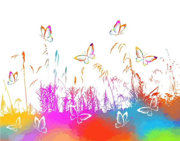 Pestrobarevná tráva s květinami. Duhoví motýli na louce. Smíšená média. Vektorová ilustrace — Stockový vektor