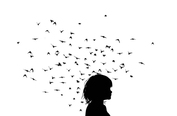 The girl thought. Girls and many flying birds. Vector illustration — Stock Vector