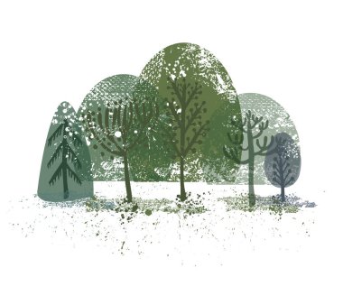 Soyut şekillendirilmiş ağaçlar. Orman çocukları çiziyor. Vektör illüstrasyonu