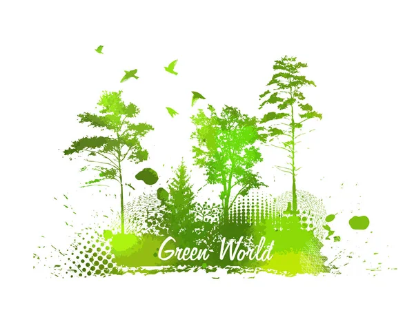 Green trees. green World . Abstract landscape. Colored blots. Mixed media, Vector illustration — Stock Vector