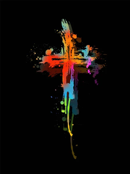 Meerkleurig kruis. Kruis gemaakt van regenboogvlekken. Gelukkig Pasen. Vectorillustratie — Stockvector