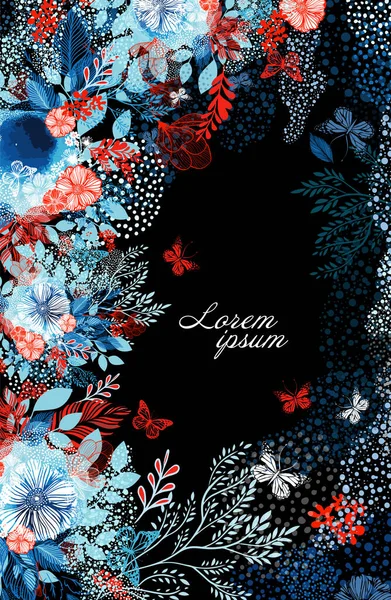 葉や小枝で繊細な青の水彩画の背景。赤い花や蝶と。暗い背景。ベクターイラスト — ストックベクタ