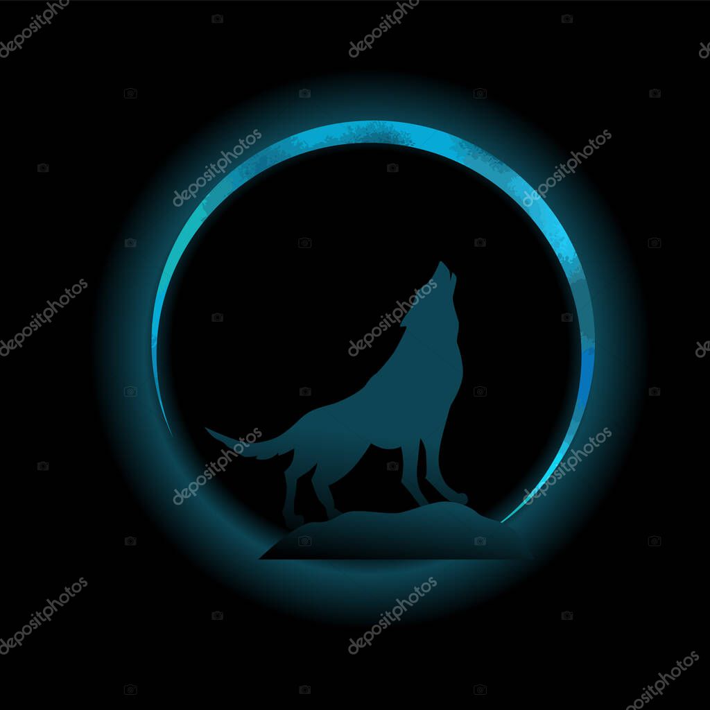 Wolf head howling in front of the moon