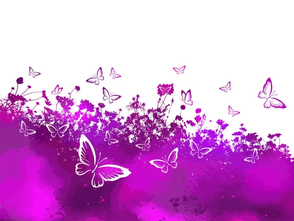 Fond floral avec des papillons. Fond d'été à base de plantes rose-violet avec des fleurs. Illustration vectorielle — Image vectorielle