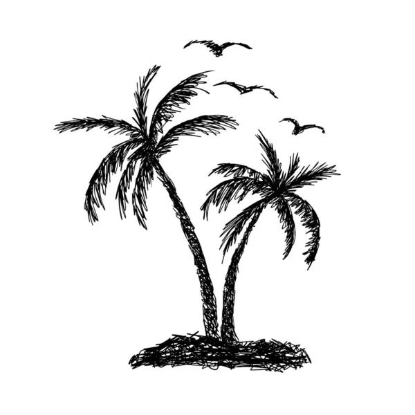 Palmbomen, zon en meeuwen. Vectorillustratie — Stockvector