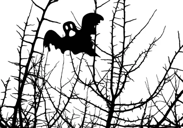Fantasma e árvore espinhosa. Feliz Dia das Bruxas. Ilustração vetorial — Vetor de Stock