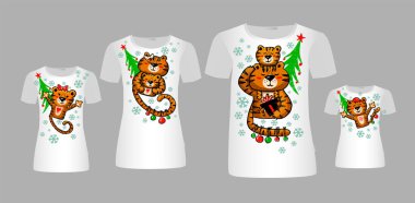 Bir kaplan ailesi sarılıyor. Mutlu 2022 kaplan yılı. Tişört izi. Aile görünüşü. Vektör illüstrasyonu