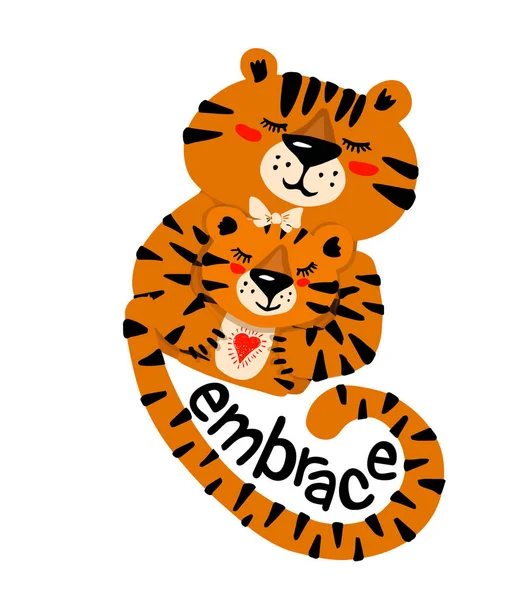 Une famille de tigres se serre dans ses bras. Bonne année 2022 du Tigre. Illustration vectorielle — Image vectorielle