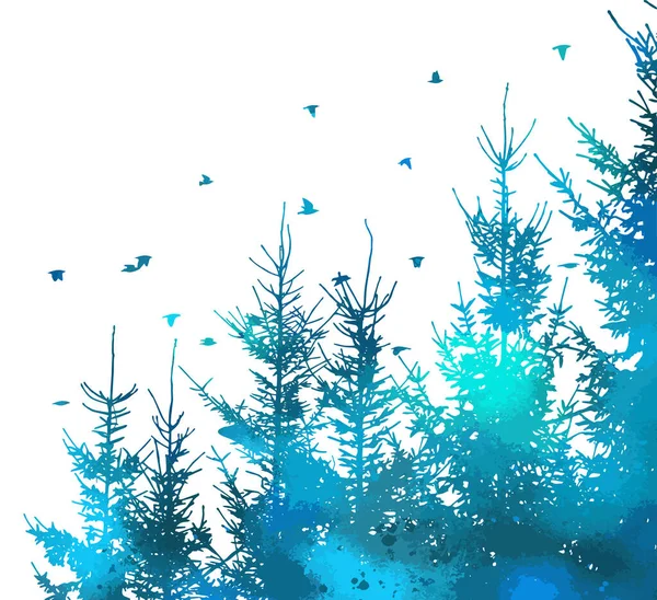 Векторная Панорама Диких Хвойных Лесов Соснами Птицами — стоковый вектор