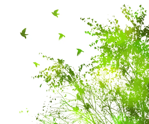 Ein grüner Baum mit fliegenden Vögeln. Vektorillustration — Stockvektor