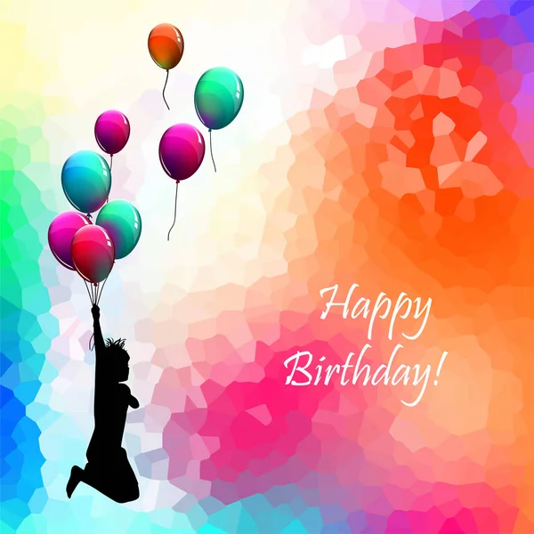 Feliz aniversário. Balões em um belo fundo. O rapaz voa em balões. Ilustração vetorial —  Vetores de Stock