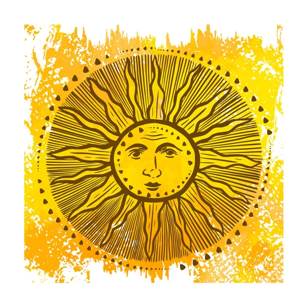 Sol vintage sobre un fondo amarillo. Hola verano. Ilustración vectorial — Archivo Imágenes Vectoriales