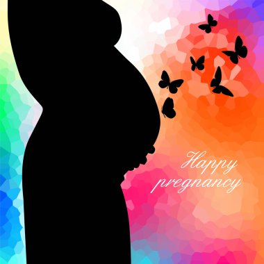 Hamile kadın ve kelebeklerin soyut geçmişleri çok güzeldir. Mutlu hamilelikler. Vektör illüstrasyonu