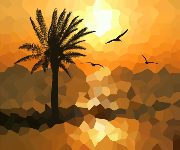 Αφηρημένο φόντο φοινικόδεντρου στο ηλιοβασίλεμα. Ιπτάμενα πουλιά στον ουρανό. Εικονογράφηση διανύσματος — Διανυσματικό Αρχείο