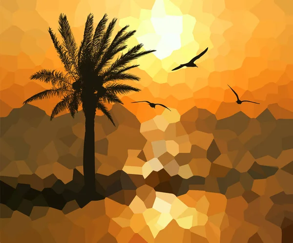 Fondo abstracto de una palmera al atardecer. Pájaros voladores en el cielo. Ilustración vectorial — Vector de stock