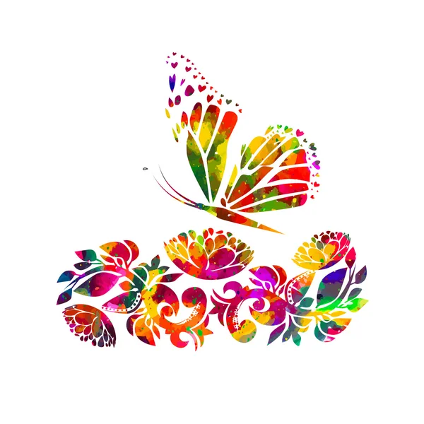 Acquerello arcobaleno astrazione floreale con farfalla — Vettoriale Stock