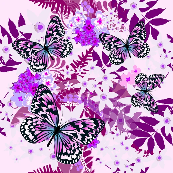 Fondo floral púrpura sin costuras con mariposas — Vector de stock