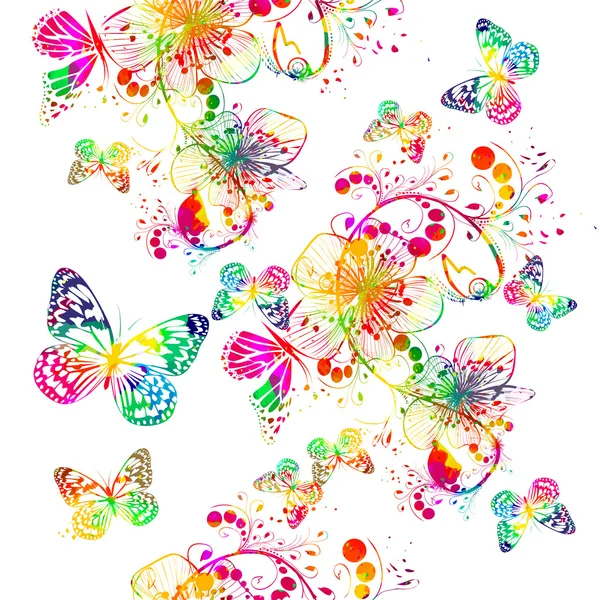 Regenboog aquarel floral abstractie met vlinder — Stockvector