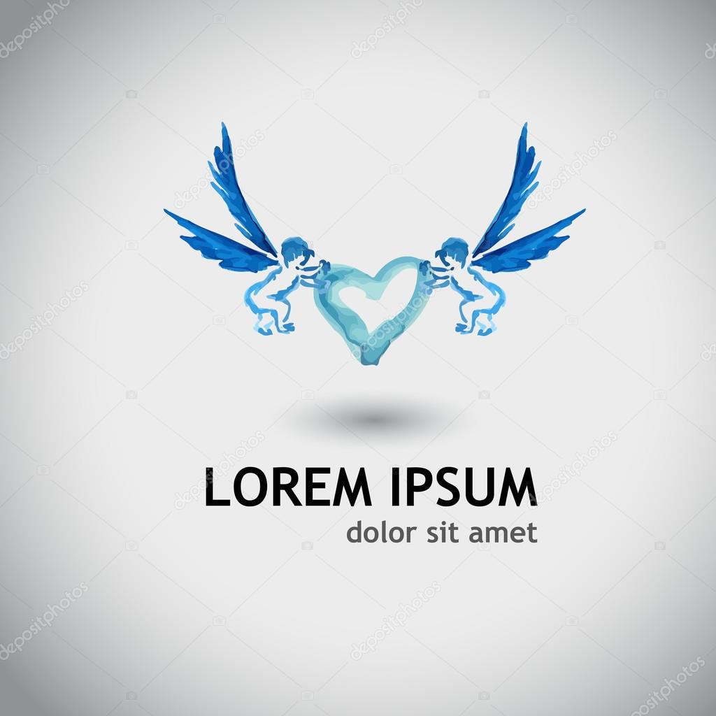 Watercolor heart with angels. Vector