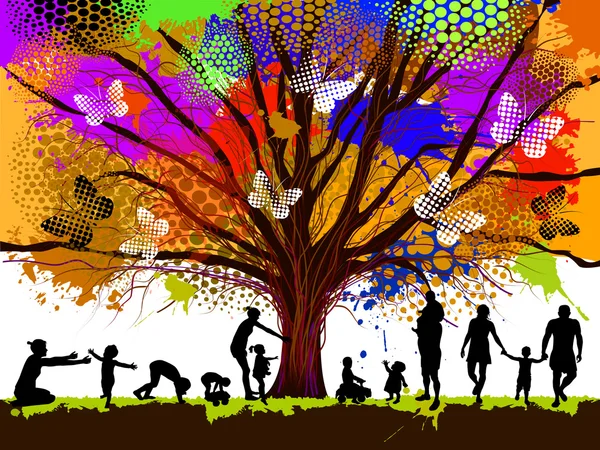 Famiglia con albero Silhouette — Vettoriale Stock