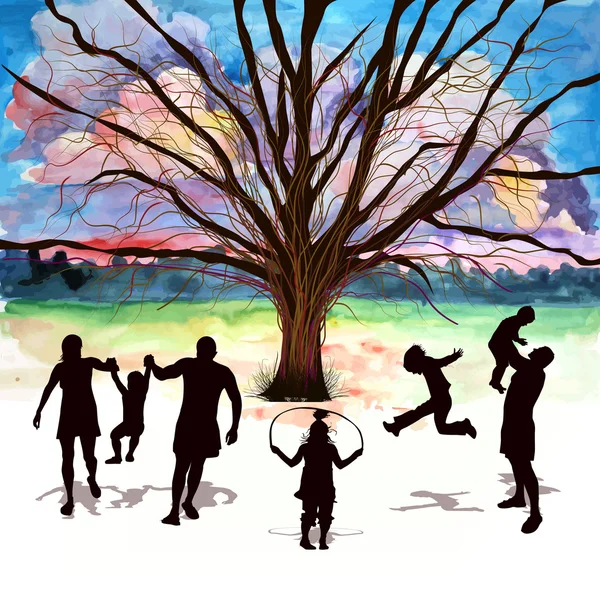 Familia con siluetas de árbol — Vector de stock