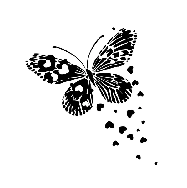 Coeurs avec papillon volant — Image vectorielle