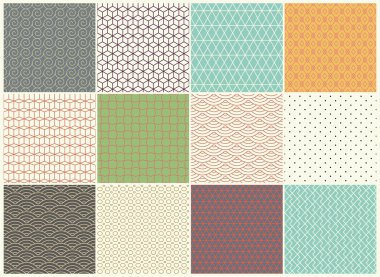 Farklı vektör Dikişsiz desen koleksiyonu. Sonsuz doku duvar kağıdı, tekstil, desen dolgularını, web sayfası arka planı, yüzey dokuları için kullanılabilir. Vintage renk geometrik süsler kümesi