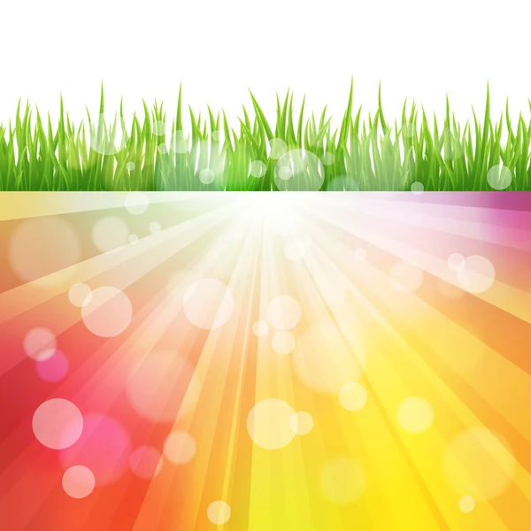 Bright vector color Sun Effect Background with green Grass field. Bokeh — Stock Vector