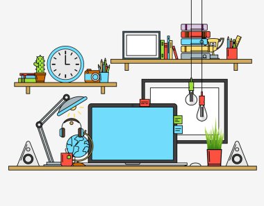 Modern işyeri Illustration. Yaratıcı office workspace harita ile. Düz minimalist tarzı tasarım