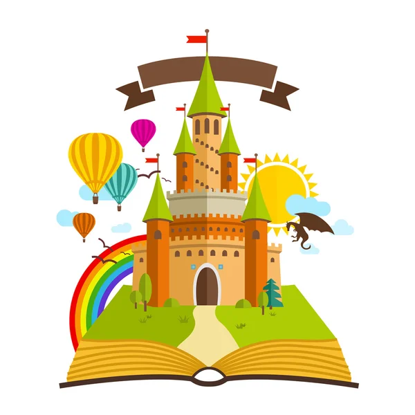 Märchenschloss. Vektorillustration mit Buch, grünen Bäumen, Drachen, Sonne, Wolken, Luftballons und Regenbogen — Stockvektor