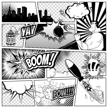 Çizgi roman şablonu. Vektör Retro çizgi roman konuşma illüstrasyon kabarcıklar. Sayfa mock-up metin, Bubbls, sembolleri, ses efektleri, renkli noktalı resim arka plan ve süper kahraman için yer ile