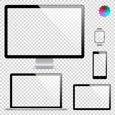 Set of realistic display, laptop, tablet computer, mobile phone, smart watch template on transparent background clipart