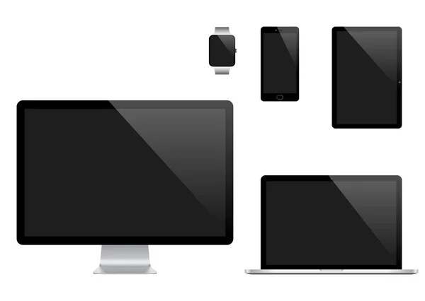Διάνυσμα σύνολο σύγχρονες ψηφιακές συσκευές. Οθόνη του υπολογιστή, φορητό υπολογιστή, tablet pc, κινητό τηλέφωνο και έξυπνο ρολόι — Διανυσματικό Αρχείο