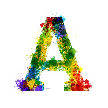 Renk boya sıçraması. Degrade vektör yazı tipi. Suluboya tasarımcı dekorasyon alfabe. Beyaz arka plan üzerinde izole mürekkep sembolleri. A harfi