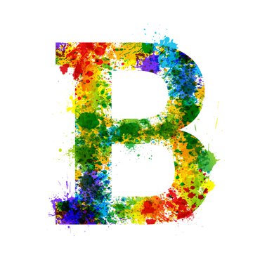 Renk boya sıçraması. Degrade vektör yazı tipi. Suluboya tasarımcı dekorasyon alfabe. Beyaz bir arka plan üzerinde izole mürekkep sembolleri. B harfi