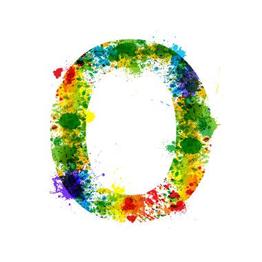 Renk boya sıçraması. Degrade vektör yazı tipi. Suluboya tasarımcı dekorasyon alfabe. Beyaz bir arka plan üzerinde izole mürekkep sembolleri. O harfi