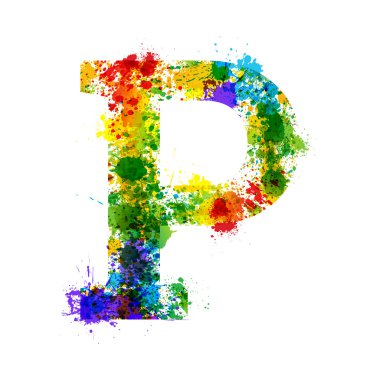 Renk boya sıçraması. Degrade vektör yazı tipi. Suluboya tasarımcı dekorasyon alfabe. Beyaz bir arka plan üzerinde izole mürekkep sembolleri. P harfi