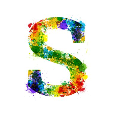 Renk boya sıçraması. Degrade vektör yazı tipi. Suluboya tasarımcı dekorasyon alfabe. Beyaz bir arka plan üzerinde izole mürekkep sembolleri. S harfi